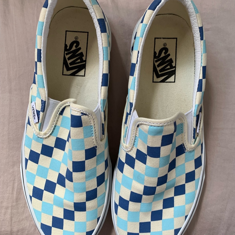 Vans blue and cream checked slip ons